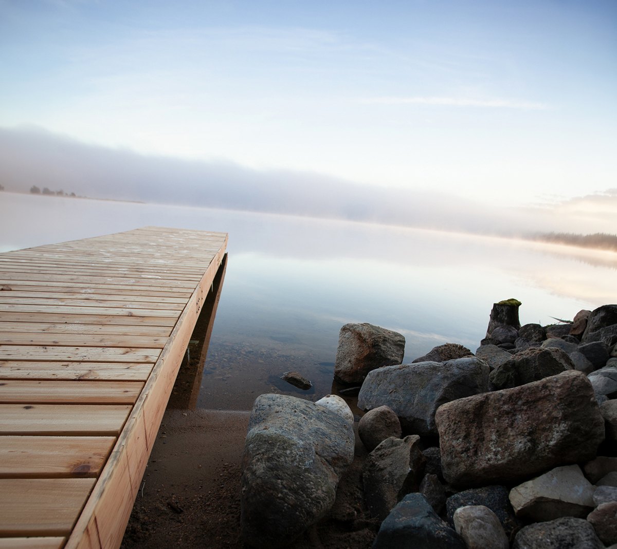 Lakeside dock at sunrise